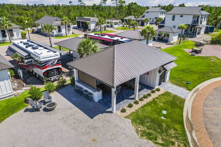 overhead view of a super c vs class A RV parked at Buena Vista Motor Coach Resort